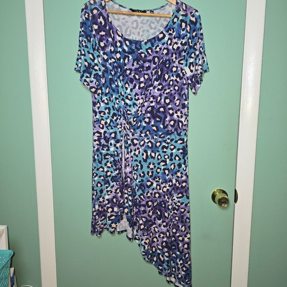 IMAN Global Chic Blue & Purple Animal Print Asymmetrical Dress Large